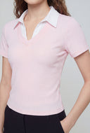 Shirt Collar Ribbed Blouse