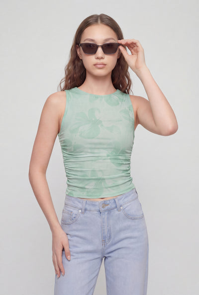 Floral Mesh Sleeveless Crop Top