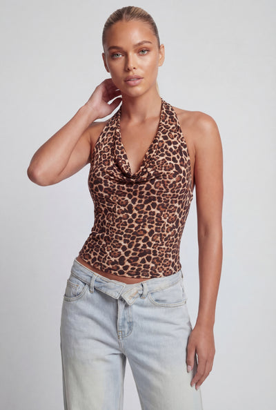 Leopard Cowl Neck Halter Top