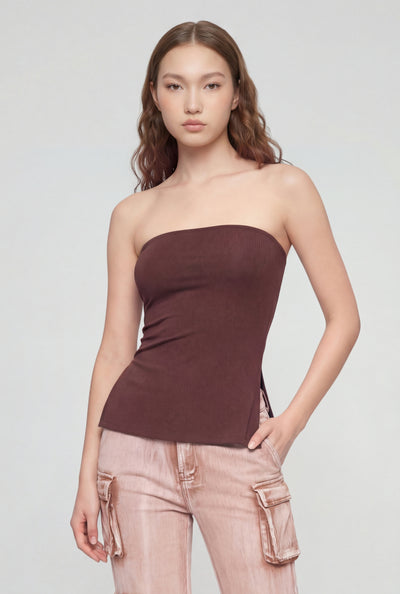 Split Hem Ruched Tube Top