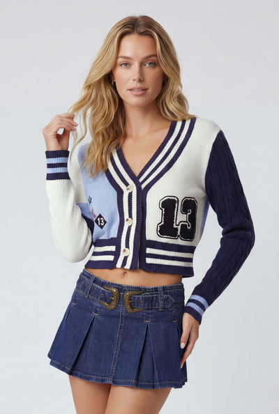 Color Block Varsity Knit Crop Cardigan