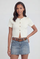 Metallic Button Front Crop Sweater