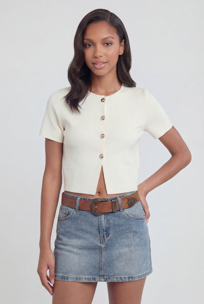 Metallic Button Front Crop Sweater