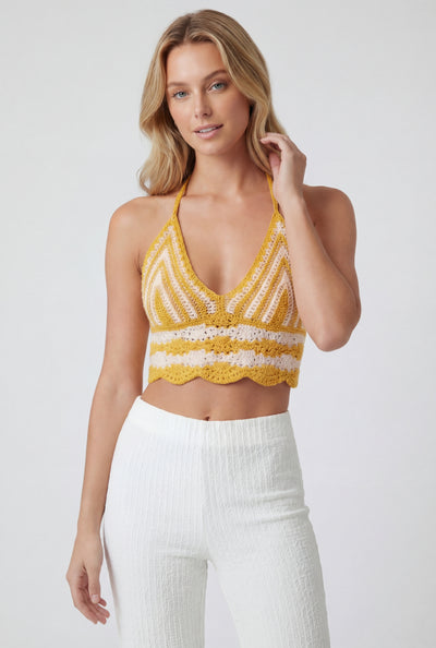 Katelyn Striped Crochet Crop Halter Top