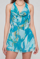 Painterly Draped Chiffon Halter Dress