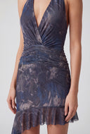 Printed Asymmetrical Ruched Halter Dress