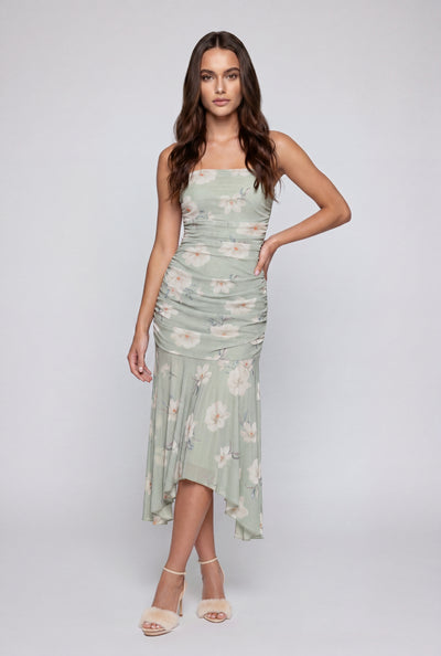 Floral Mesh Flounce Hem Strapless Dress