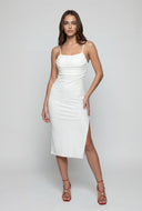 Mesh Draped Cowl Neck Midi Dress