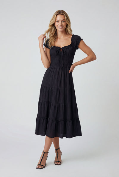 Gauze Knit Tie Front Tiered Dress