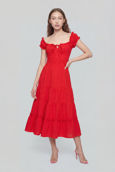 Gauze Knit Tie Front Tiered Dress