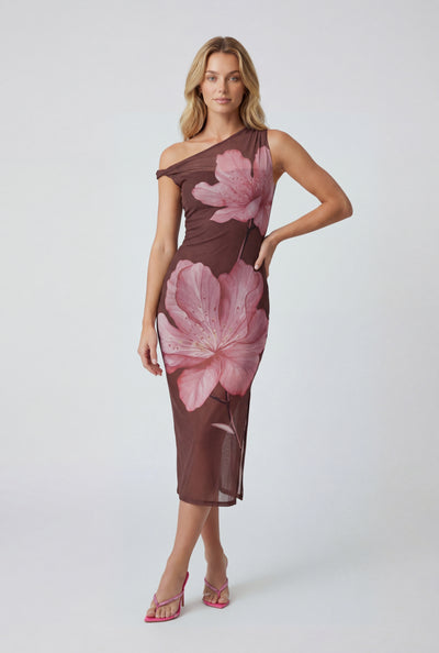 Floral Mesh One Shoulder Asymmetrical Dress