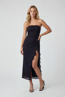 Flora Ruffle Trim Side Slit Lace Strapless Dress