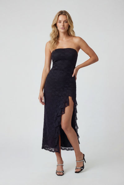 Flora Ruffle Trim Side Slit Lace Strapless Dress