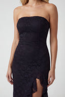 Flora Ruffle Trim Side Slit Lace Strapless Dress