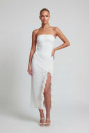 Flora Ruffle Trim Side Slit Lace Strapless Dress
