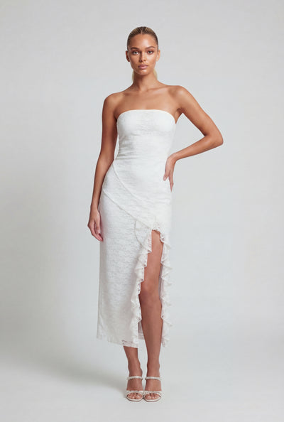 Flora Ruffle Trim Side Slit Lace Strapless Dress