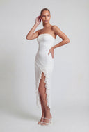 Flora Ruffle Trim Side Slit Lace Strapless Dress