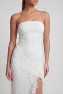 Flora Ruffle Trim Side Slit Lace Strapless Dress