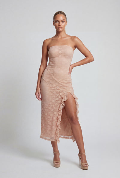 Flora Ruffle Trim Side Slit Lace Strapless Dress