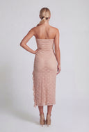 Flora Ruffle Trim Side Slit Lace Strapless Dress