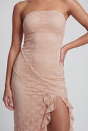 Flora Ruffle Trim Side Slit Lace Strapless Dress