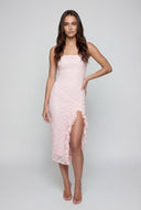 Flora Ruffle Trim Side Slit Lace Strapless Dress