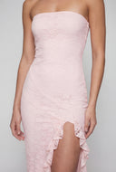 Flora Ruffle Trim Side Slit Lace Strapless Dress
