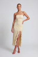 Flora Ruffle Trim Side Slit Lace Strapless Dress