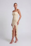 Flora Ruffle Trim Side Slit Lace Strapless Dress