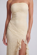 Flora Ruffle Trim Side Slit Lace Strapless Dress