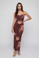 Floral Mesh Cowl Neck Maxi Dress