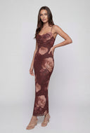 Floral Mesh Cowl Neck Maxi Dress