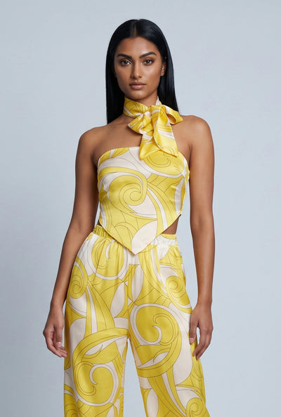 Madilynn Patterned Satin Crop Top with Scarf