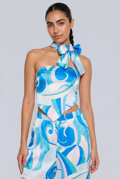 Madilynn Patterned Satin Crop Top with Scarf