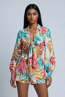Makenzie Leaf Print Tie Front Shirt