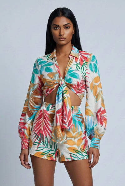 Makenzie Leaf Print Tie Front Shirt