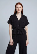 Button Front Drawstring Gauze Knit Blouse