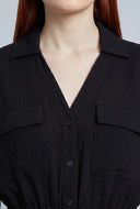 Button Front Drawstring Gauze Knit Blouse