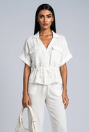 Button Front Drawstring Gauze Knit Blouse