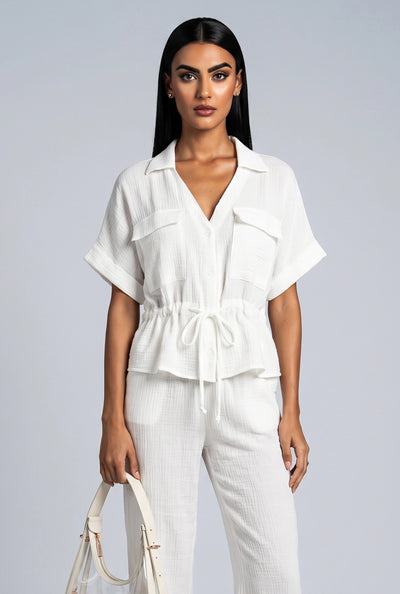 Button Front Drawstring Gauze Knit Blouse