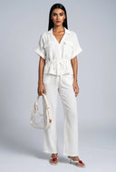 Button Front Drawstring Gauze Knit Blouse