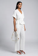 Button Front Drawstring Gauze Knit Blouse