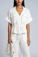 Button Front Drawstring Gauze Knit Blouse