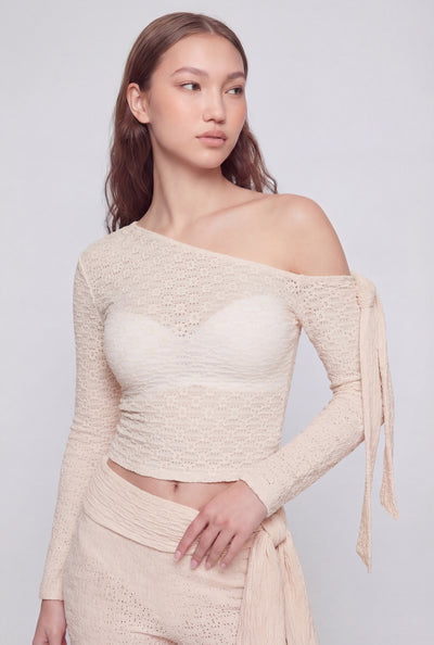 Textured Bow One-Shoulder Asymmetrical Top