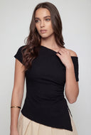 Draped One Shoulder Slit Hem Blouse