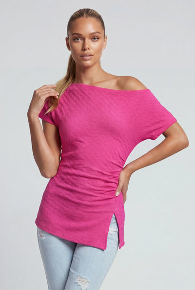 Draped One Shoulder Slit Hem Blouse