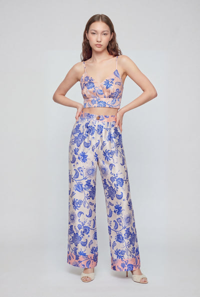 Floral Satin Wide-Leg Pants