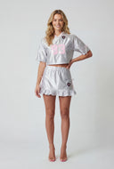 Sequin Graphic Bow Sleeve Cropped Hooded Top