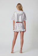 Sequin Graphic Bow Sleeve Cropped Hooded Top