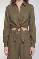 Tie Front Crop Collared Shirt